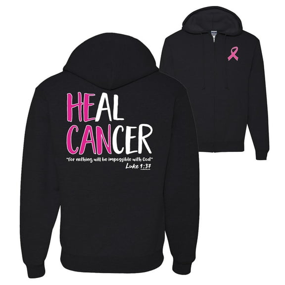 Wild Bobby Breast Cancer Awareness Heal Cancer Faith Jesus Believe Front and Back Graphic Zip Up Hoodie Sweatshirt, Black, Small