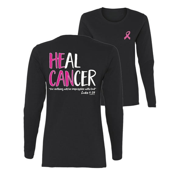Wild Bobby, Breast Cancer Awareness Heal Cancer Faith Jesus Believe Front and Back Women Long Sleeve Tee, Black, Small