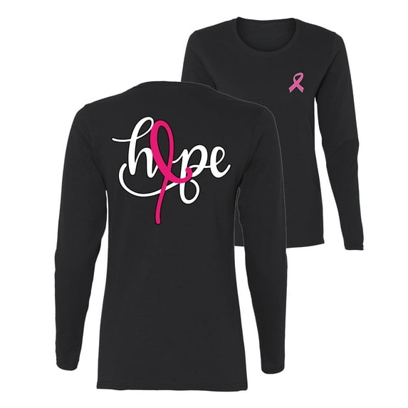 Wild Bobby Breast Cancer Awareness Hope Breast Cancer Ribbon Front and Back Women Long Sleeve Tee, Black, XX-Large