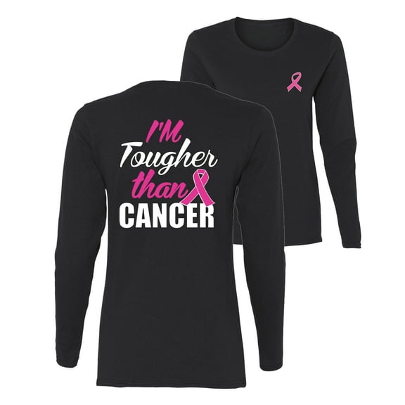 Wild Bobby Breast Cancer Awareness I'm Tougher Than Cancer Front and Back Women Long Sleeve Tee, Black, Large