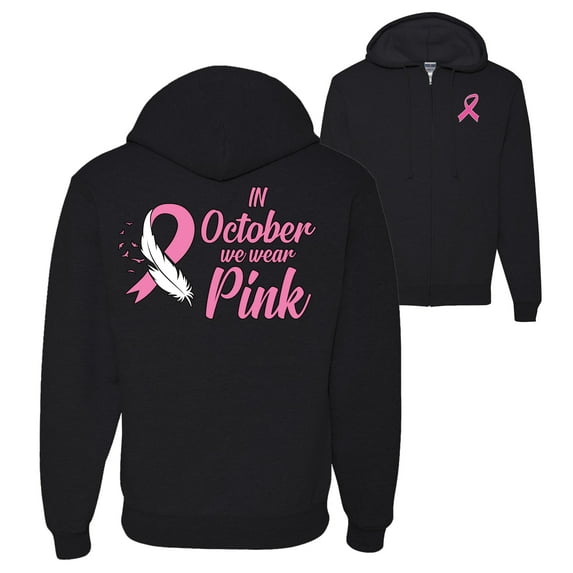 Wild Bobby Breast Cancer Awareness In October We Wear Pink Front and Back Graphic Zip Up Hoodie Sweatshirt, Black, X-Large