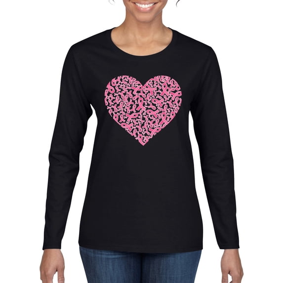 Wild Bobby, Pink Ribbon Heart, Breast Cancer Awareness, Women Graphic Long Sleeve Tee, Black, Small