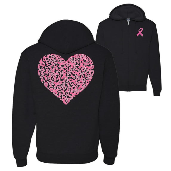 Wild Bobby Breast Cancer Awareness Pink Ribbon Heart Front and Back Graphic Zip Up Hoodie Sweatshirt, Black, Large