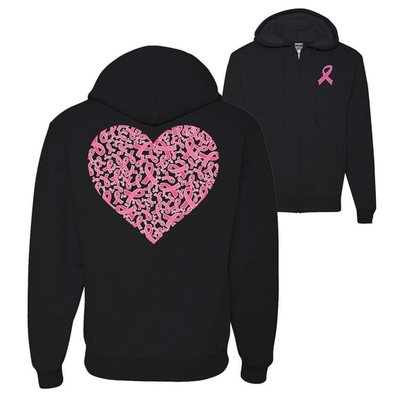 Wild Bobby Breast Cancer Awareness Pink Ribbon Heart Front and Back Graphic Zip Up Hoodie Sweatshirt, Black, Small