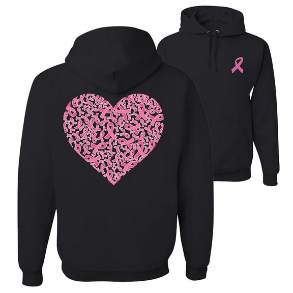 Wild Bobby, Breast Cancer Awareness Pink Ribbon Heart Front and Back Unisex Hoodie Sweatshirt, Black, Large