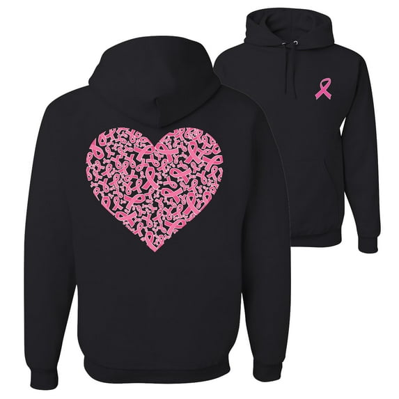 Wild Bobby, Breast Cancer Awareness Pink Ribbon Heart Front and Back Unisex Hoodie Sweatshirt, Black, Small