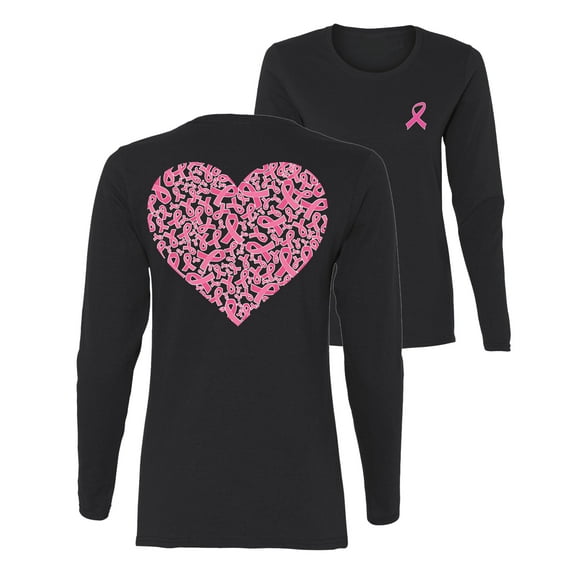 Wild Bobby Breast Cancer Awareness Pink Ribbon Heart Front and Back Women Long Sleeve Tee, Black, XX-Large