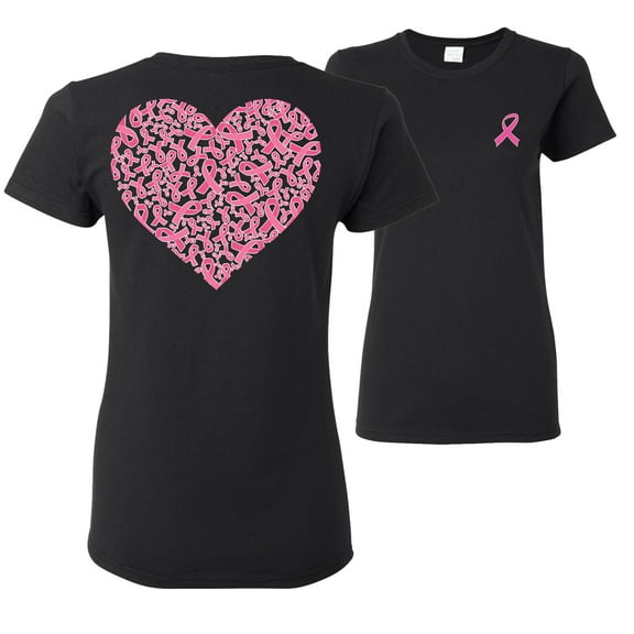 Wild Bobby Breast Cancer Awareness Pink Ribbon Heart Front and Back Women Tee, Black, Small