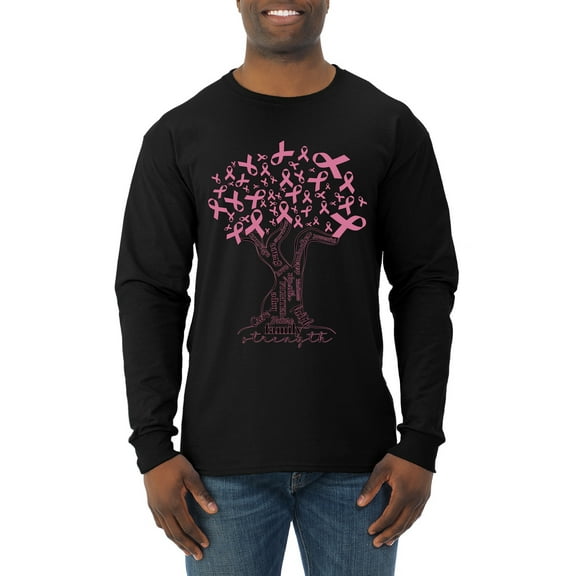 Wild Bobby Breast Cancer Awareness Pink Tree Words of Encouragement Breast Cancer Awareness Men Long Sleeve Shirt, Black, Small