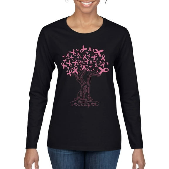 Wild Bobby Breast Cancer Awareness Pink Tree Words of Encouragement Breast Cancer Awareness Women Graphic Long Sleeve Tee, Black, Small