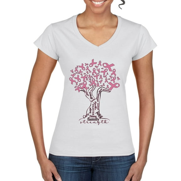Wild Bobby Breast Cancer Awareness Pink Tree Words of Encouragement Breast Cancer Awareness Women Standard V-Neck Tee, White, Large