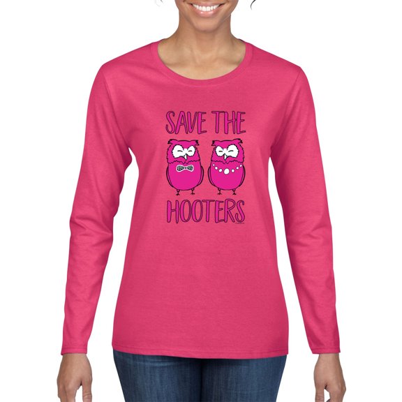 Wild Bobby Breast Cancer Awareness Save the Hooters 2 Chicks Funny Breast Cancer Awareness Women Graphic Long Sleeve T-Shirt, Fuschia, Medium