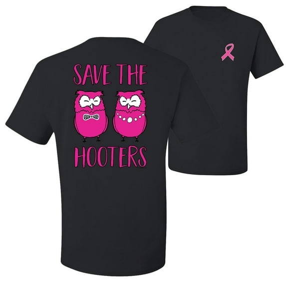 Wild Bobby, Breast Cancer Awareness Save the Hooters 2 Chicks Funny Front and Back Unisex Tee , Black, Small
