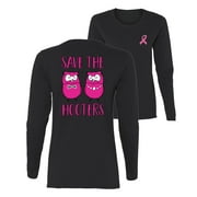 Wild Bobby, Breast Cancer Awareness Save the Hooters 2 Chicks Funny Front and Back Women Long Sleeve Tee, Black, Medium
