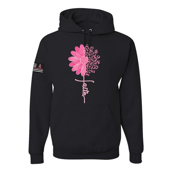 Wild Bobby, Breast Cancer Awareness Shirts Faith Pink Ribbon Sunflower USA Flag Sleeve Unisex Hoodie Sweatshirt, Black, Medium