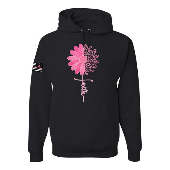 Wild Bobby, Breast Cancer Awareness Shirts Faith Pink Ribbon Sunflower USA Flag Sleeve Unisex Hoodie Sweatshirt, Black, Small