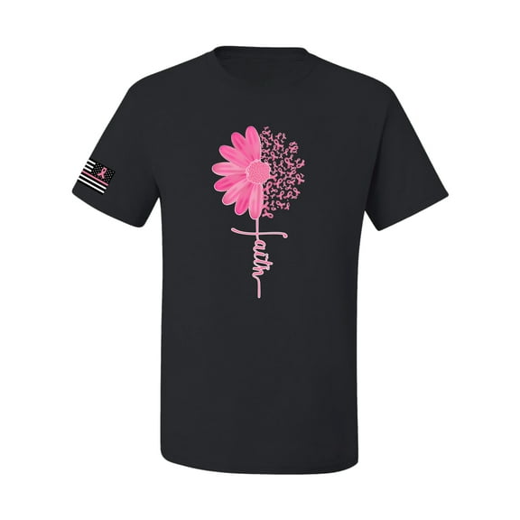 Wild Bobby, Breast Cancer Awareness Shirts Faith Pink Ribbon Sunflower USA Flag Sleeve Unisex Tee, Black, Medium