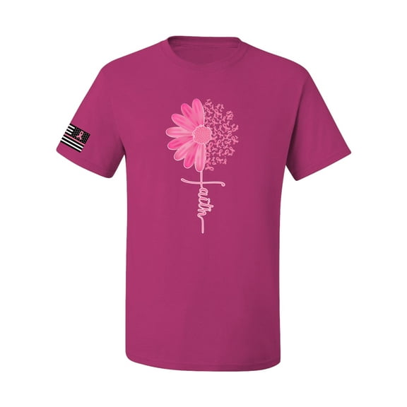 Wild Bobby, Breast Cancer Awareness Shirts Faith Pink Ribbon Sunflower USA Flag Sleeve Unisex Tee, Fuschia, 3X-Large