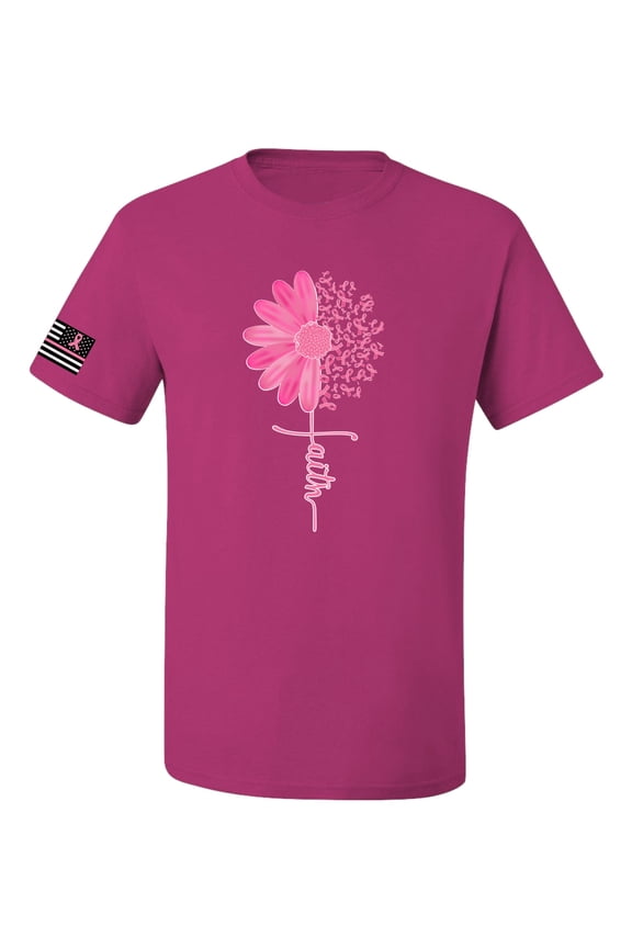 , Breast Cancer Awareness Shirts Faith Pink Ribbon Sunflower USA Flag Sleeve Unisex Tee, Fuschia, 3X-Large