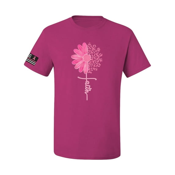 Wild Bobby, Breast Cancer Awareness Shirts Faith Pink Ribbon Sunflower USA Flag Sleeve Unisex Tee, Fuschia, Small