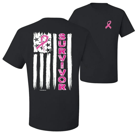 Wild Bobby Breast Cancer Awareness Survivor Awareness Flag Front and Back Unisex Tee , Black, X-Large