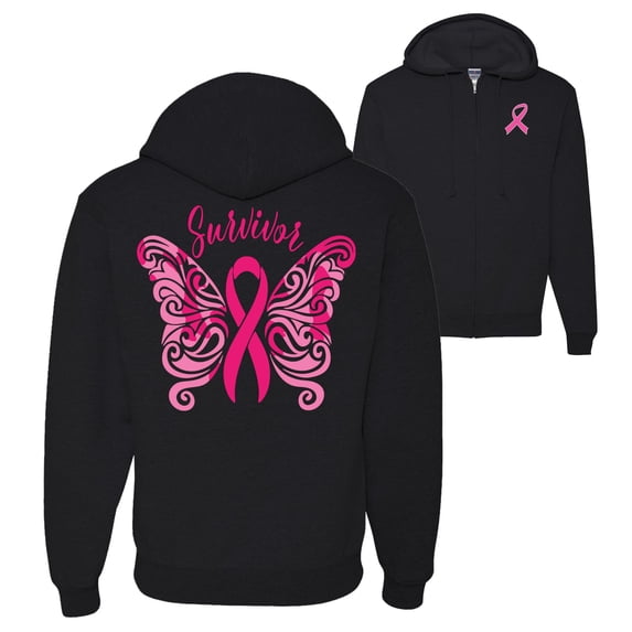 Wild Bobby Breast Cancer Awareness Survivor Breast Cancer Butterfly Front and Back Graphic Zip Up Hoodie Sweatshirt, Black, X-Large