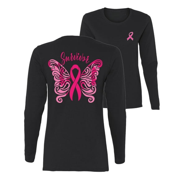 Wild Bobby Breast Cancer Awareness Survivor Breast Cancer Butterfly Front and Back Women Long Sleeve Tee, Black, XX-Large