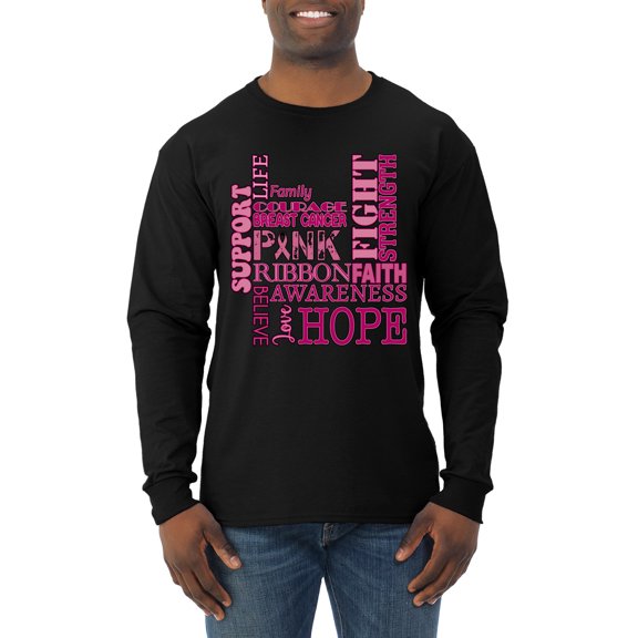 Wild Bobby Breast Cancer Awareness Words of Encouragement Distressed Breast Cancer Awareness Men Long Sleeve Shirt, Black, Small