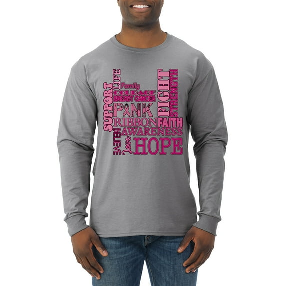 Wild Bobby Breast Cancer Awareness Words of Encouragement Distressed Breast Cancer Awareness Men Long Sleeve Shirt, Heather Grey, XX-Large