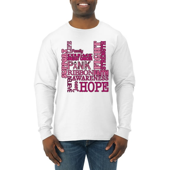 Wild Bobby Breast Cancer Awareness Words of Encouragement Distressed Breast Cancer Awareness Men Long Sleeve Shirt, White, X-Large