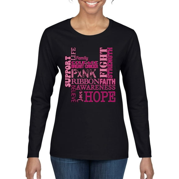 Wild Bobby Breast Cancer Awareness Words of Encouragement Distressed Breast Cancer Awareness Women Graphic Long Sleeve Tee, Black, Small