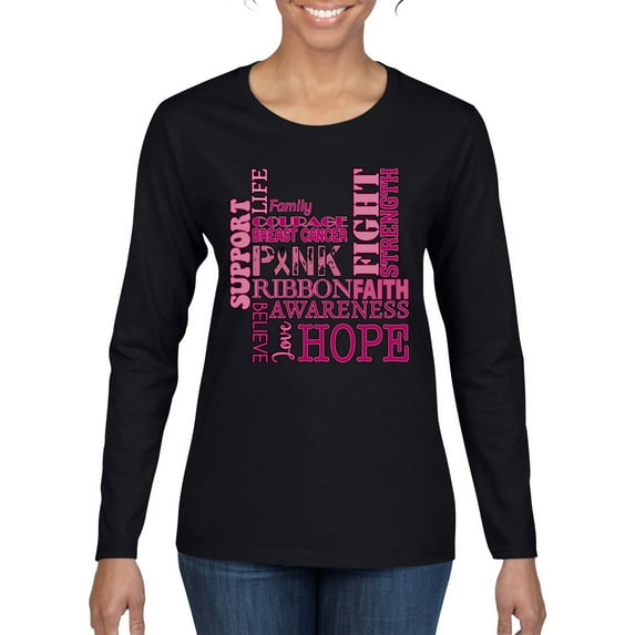 Wild Bobby Breast Cancer Awareness Words of Encouragement Distressed Breast Cancer Awareness Women Graphic Long Sleeve Tee, Black, Small