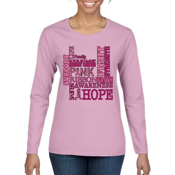 Wild Bobby Breast Cancer Awareness Words of Encouragement Distressed Breast Cancer Awareness Women Graphic Long Sleeve Tee, Light Pink, Large