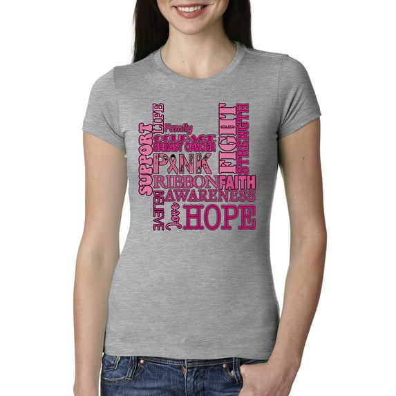 Wild Bobby Breast Cancer Awareness Words of Encouragement Distressed Breast Cancer Awareness Women Slim Fit Junior Tee, Heather Grey, XX-Large