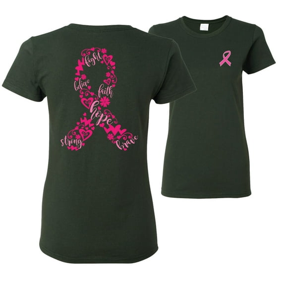 Wild Bobby, Breast Cancer Ribbon Love Hope Faith, Breast Cancer Awareness, Front and Back Women Graphic Tees, Forest Green, X-Large