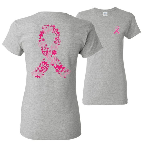 Wild Bobby, Breast Cancer Ribbon Love Hope Faith, Breast Cancer Awareness, Front and Back Women Graphic Tees, Heather Grey, XX-Large