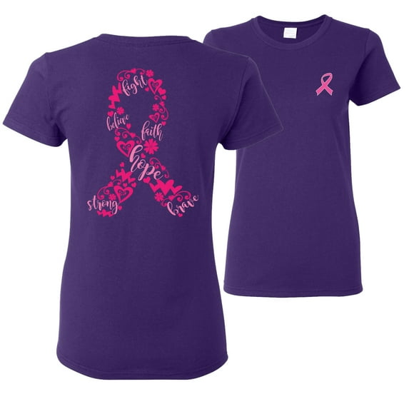 Wild Bobby, Breast Cancer Ribbon Love Hope Faith, Breast Cancer Awareness, Front and Back Women Graphic Tees, Purple, 3X-Large