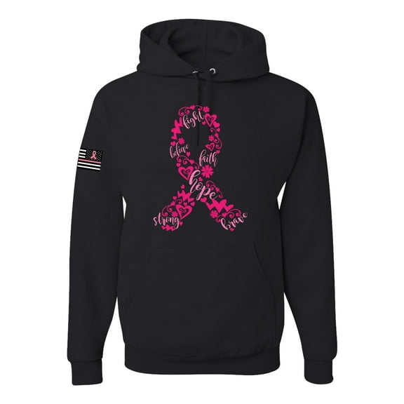 Wild Bobby, Breast Cancer Ribbon Love Hope USA Flag Sleeve Breast Cancer Awareness Unisex Hoodie Sweatshirt, Black, Small