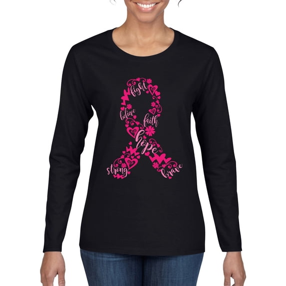 Wild Bobby Breast Cancer Ribbon Love Hope USA Flag Sleeve Breast Cancer Awareness Women Graphic Long Sleeve T-Shirt, Black, Small