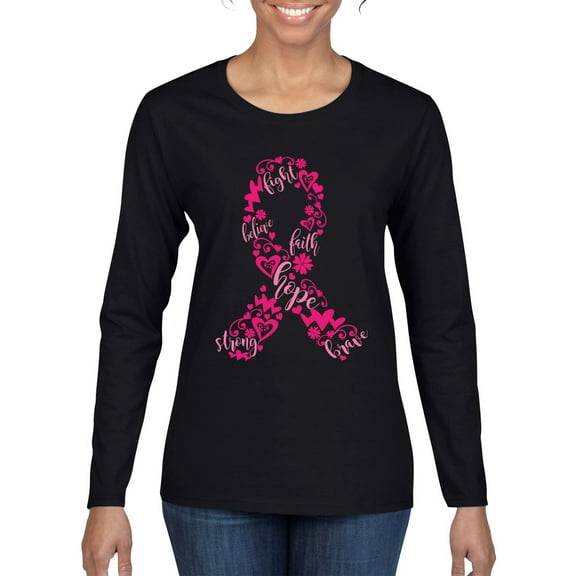 Wild Bobby Breast Cancer Ribbon Love Hope USA Flag Sleeve Breast Cancer Awareness Women Graphic Long Sleeve T-Shirt, Black, Small