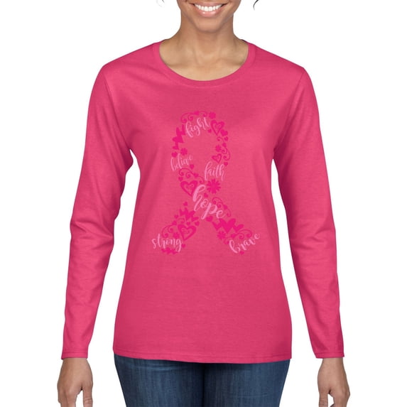 Wild Bobby Breast Cancer Ribbon Love Hope USA Flag Sleeve Breast Cancer Awareness Women Graphic Long Sleeve T-Shirt, Fuschia, X-Large