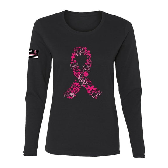 Wild Bobby Breast Cancer Ribbon Love Hope USA Flag Sleeve Breast Cancer Awareness Women Long Sleeve Tee, Black, Small