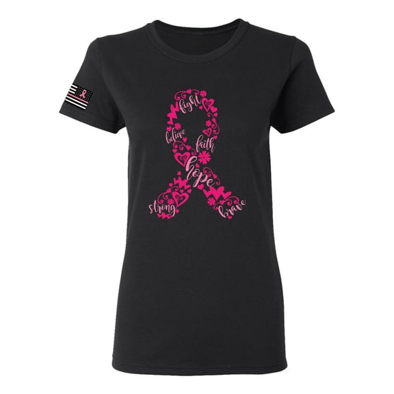 Wild Bobby Breast Cancer Ribbon Love Hope USA Flag Sleeve Breast Cancer Awareness Women Tee, Black, Small