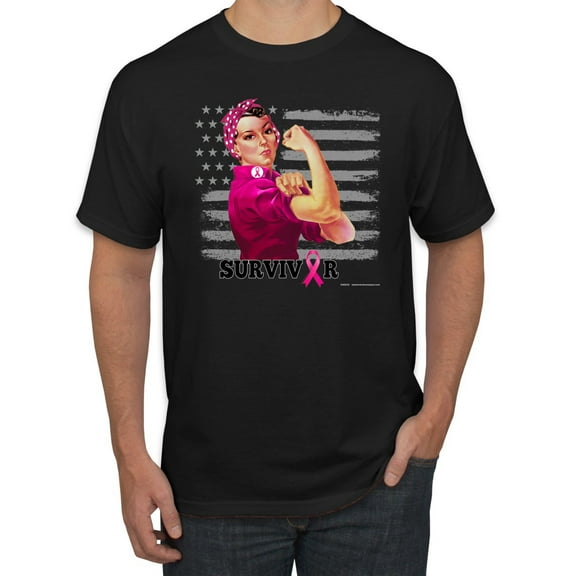 Wild Bobby, Breast Cancer Survivor Distressed American Flag, Breast Cancer Awareness, Men's Graphic Tees, Black, Small