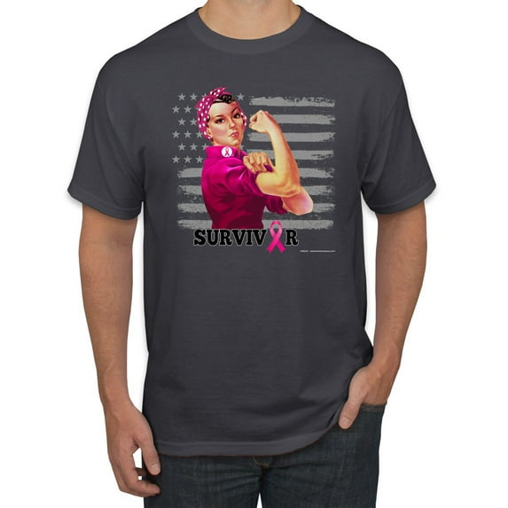 Wild Bobby, Breast Cancer Survivor Distressed American Flag, Breast Cancer Awareness, Men's Graphic Tees, Charcoal, 3XL