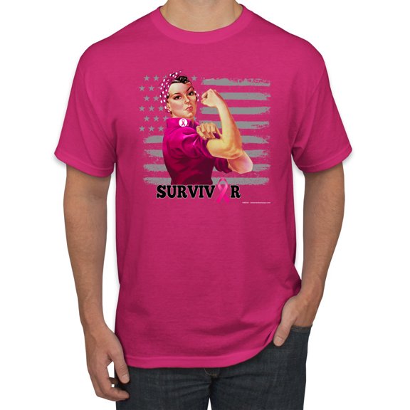 Wild Bobby, Breast Cancer Survivor Distressed American Flag, Breast Cancer Awareness, Men's Graphic Tees, Fuschia, Large