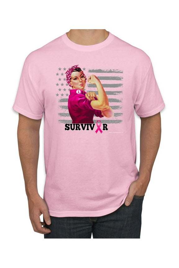 , Breast Cancer Survivor Distressed American Flag, Breast Cancer Awareness, Men's Graphic Tees, Light Pink, 4XL