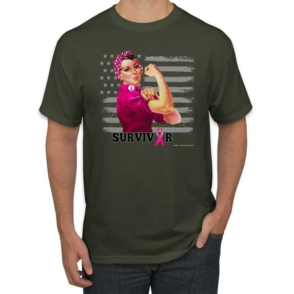 Wild Bobby, Breast Cancer Survivor Distressed American Flag, Breast Cancer Awareness, Men's Graphic Tees, Military Green, Small