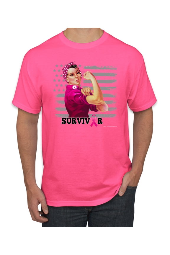 , Breast Cancer Survivor Distressed American Flag, Breast Cancer Awareness, Men's Graphic Tees, Neon Pink, Small
