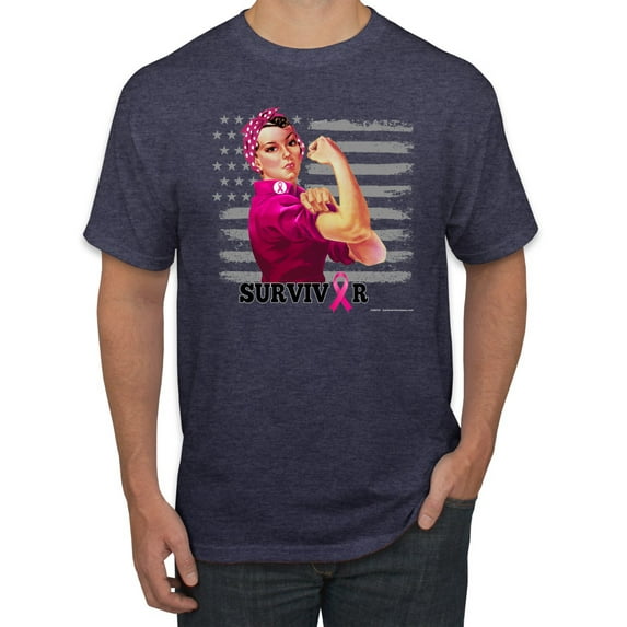 Wild Bobby, Breast Cancer Survivor Distressed American Flag, Breast Cancer Awareness, Men's Graphic Tees, Vintage Heather Navy, 2XL